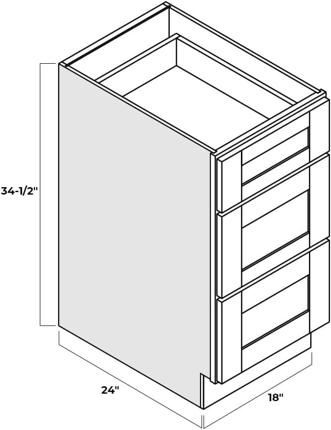 Shaker Style Grey RTA Base Drawer Cabinet by Solid Wood for Kitchen, Bathroom, Bedroom or Office with 3 Drawers and Soft Close(18" W x 24" Depth x 34-1/2" H)