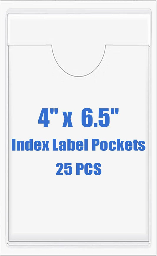 Origin-Joy 25 PCS Self-Adhesive Index Label Pockets, Clear Plastic Peel & Stick Card Holders with Top Open for Loading (4 x 6.5 inch)
