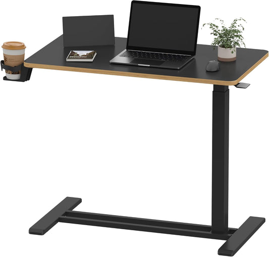 SANODESK Mobile Standing Desk with Hidden Wheels,Pneumatic Laptop Desk Rolling Computer Cart Movable Height Adjustable Small Sit Stand Desk for Home Office(31.5" W x 17.7" D, Black+Maple Band)