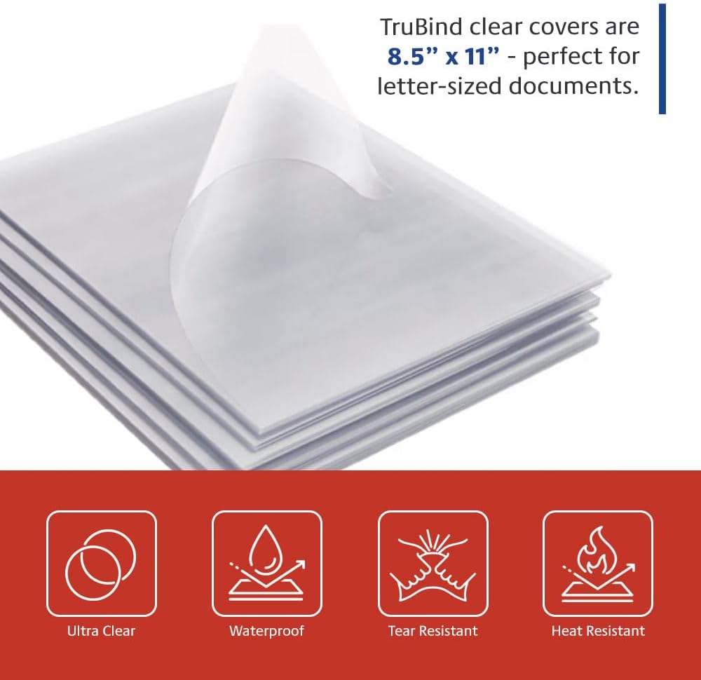 TruBind Binding Covers for Reports and Presentations - Crystal Clear PVC - 10 Mil Thick - Letter Size - 8 1/2 inch x 11 inch - Square Corners - No Tissue Interleaving - 100/Bx (CVR-10ASN)