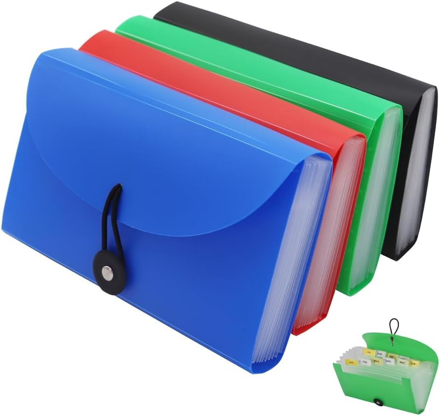 SEEKIND Expanding File Folders 4 Pack, 7.1" 4.2" Receipt Organizer Folder Accordion Folder Document with 13 Pocket for Office,Cards,Tickets-Water Resistant
