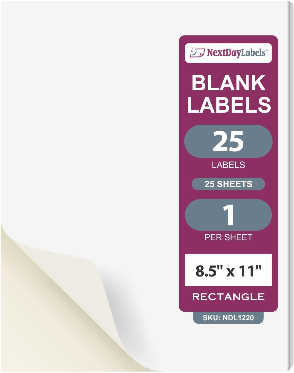 NextDayLabels - Full Page Labels 8.5 x 11 - White Shipping Labels - 8.5 x 11 Label Paper for Printer - Large Blank Matte Sticker Printer Paper - Laser/Inkjet Printer Labels (1 Per Sheet, 25 Labels)
