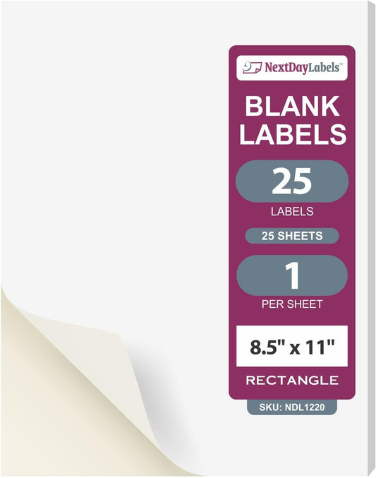 NextDayLabels - Full Page Labels 8.5 x 11 - White Shipping Labels - 8.5 x 11 Label Paper for Printer - Large Blank Matte Sticker Printer Paper - Laser/Inkjet Printer Labels (1 Per Sheet, 25 Labels)