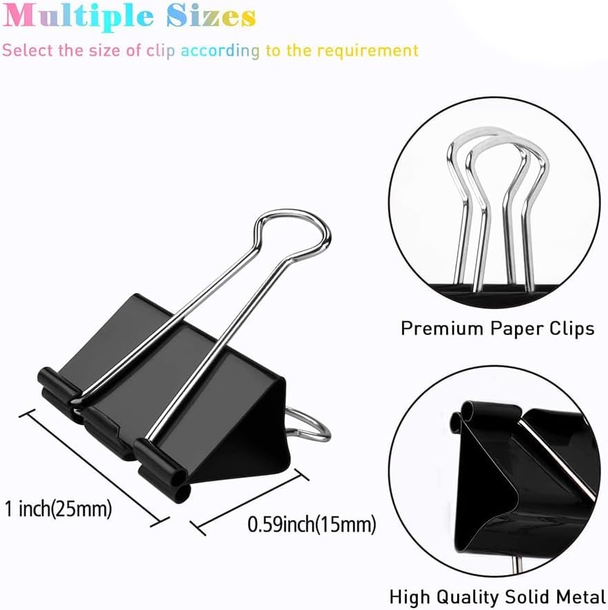 Small Binder Clips, 144 Pack, 1 Inch, Black, Standard 25mm, Metal Paper Clips, Fold Clamp, Office Clips, Capacity 0.47 Inch, Office and School Supplies