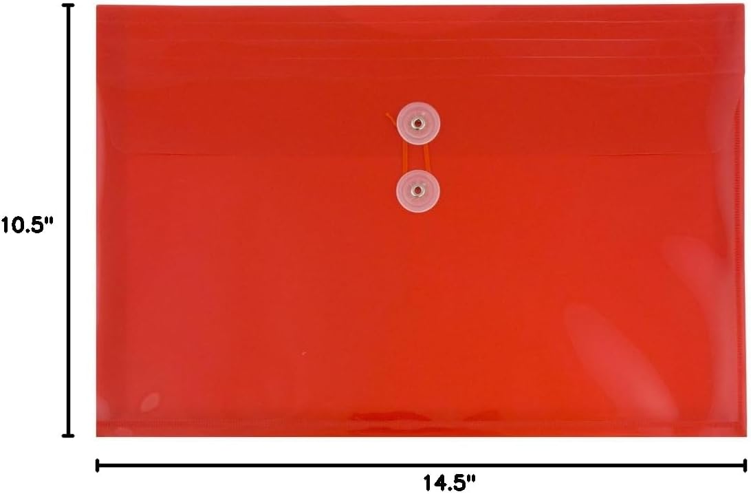 JAM PAPER Plastic Envelopes with Button & String Tie Closure - Legal Booklet - 9 3/4 x 14 1/2 - Red - 12/Pack