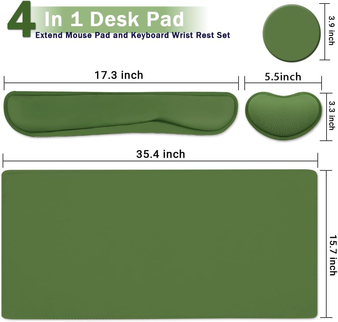 Large Keyboard Mouse Pad Set, Extended Mouse Pad+Keyboard Wrist Rest Support, Memory Foam Ergonomic Easy Typing, 4Pcs (35.4×15.11 in) Desk Pad Set for Home Office Study Game - Green