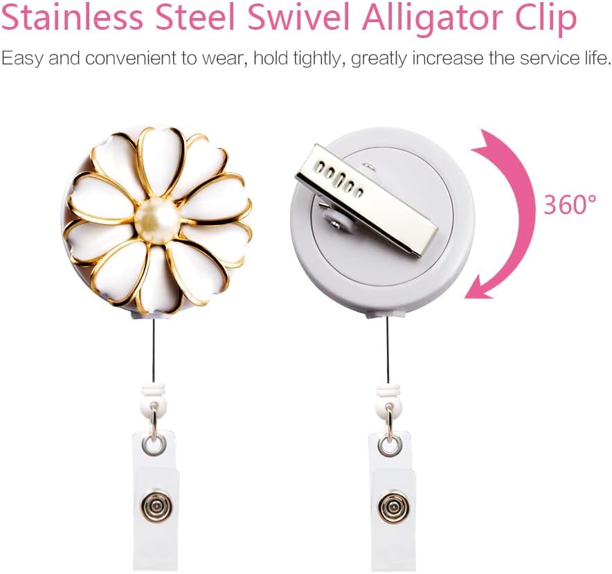 Retractable Badge Holder, ID Badge Reel with Pearl, 3 Pack (White)