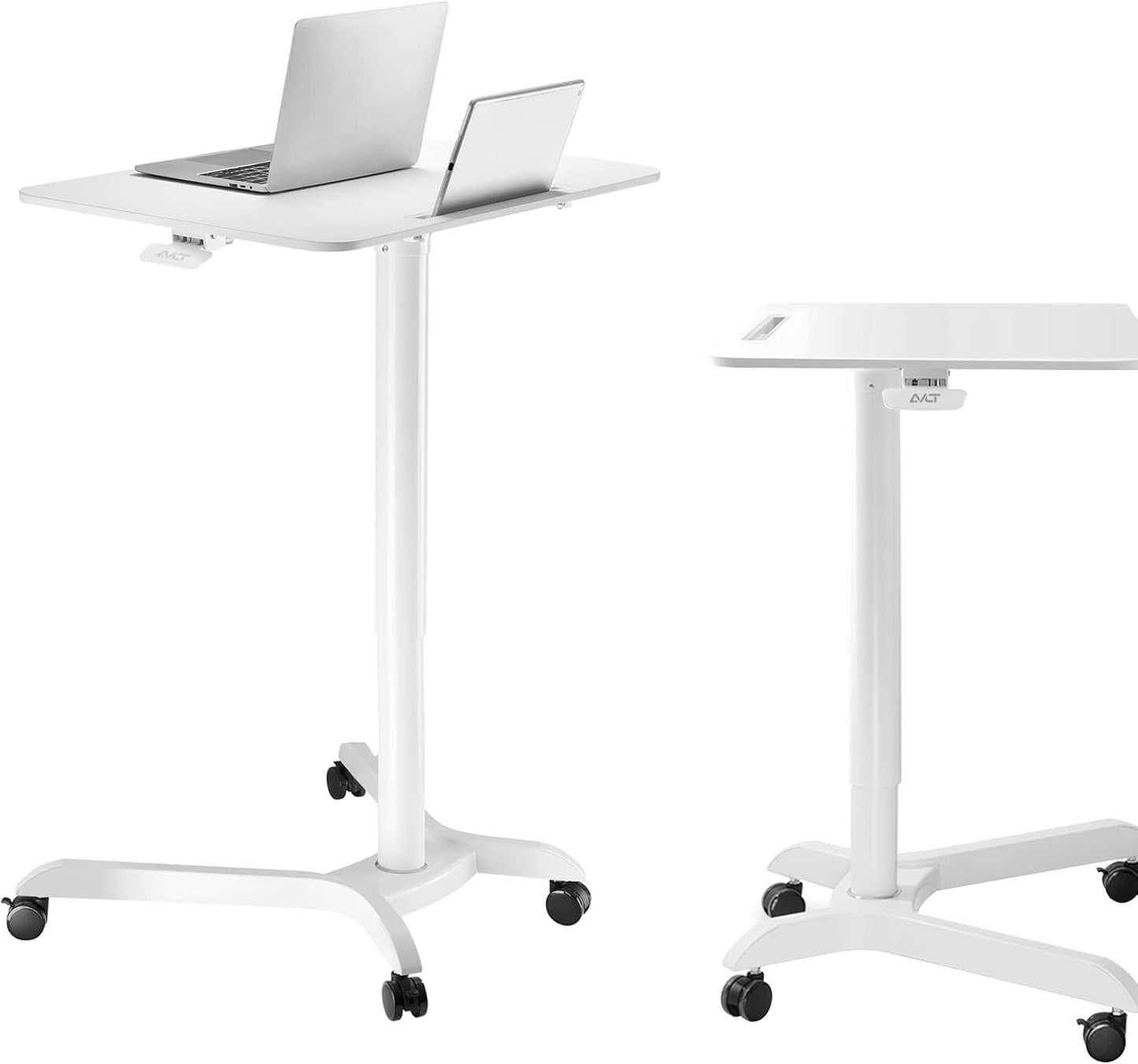 AVLT 44-inch Ambidextrous Pneumatic Laptop Standing Desk Cart (3 ft 8 in), Mobile Rolling Desk with Adjustable Height, Folding Computer & Projector Cart, White Cart with Brakes