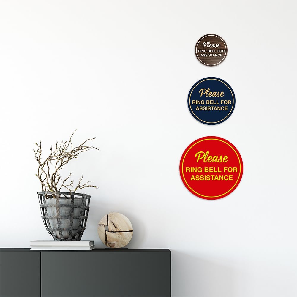 Signs ByLITA Circle Please Ring Bell For Assistance Wall or Door Sign | Easy Installation | Front Desk Reception Sign (Brushed Gold) - Medium (1 Pack)