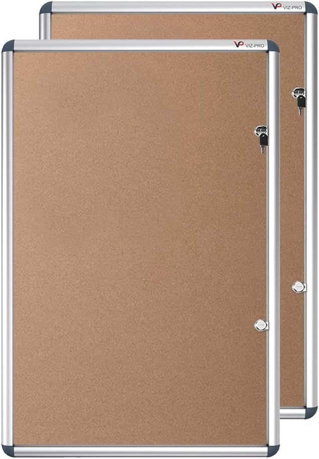 VIZ-PRO Tamperproof Lockable Cork Noticeboard Class 1 Aluminium Framed 48x36 Inches, Pack of 2