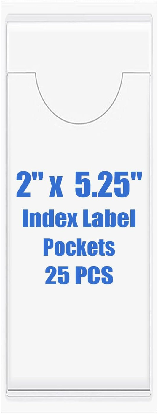Origin-Joy 25 PCS Self-Adhesive Index Label Pockets, Clear Plastic Peel & Stick Card Holders with Top Open for Loading (2 x 5.25 inch)