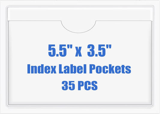 Origin-Joy 35 PCS Self Adhesive Index Card Pockets with Top Open, Clear Plastic Label Holder for Notes, Library and Business, Adhesive Label Pockets & Holder (5.5 x 3.5 inch)