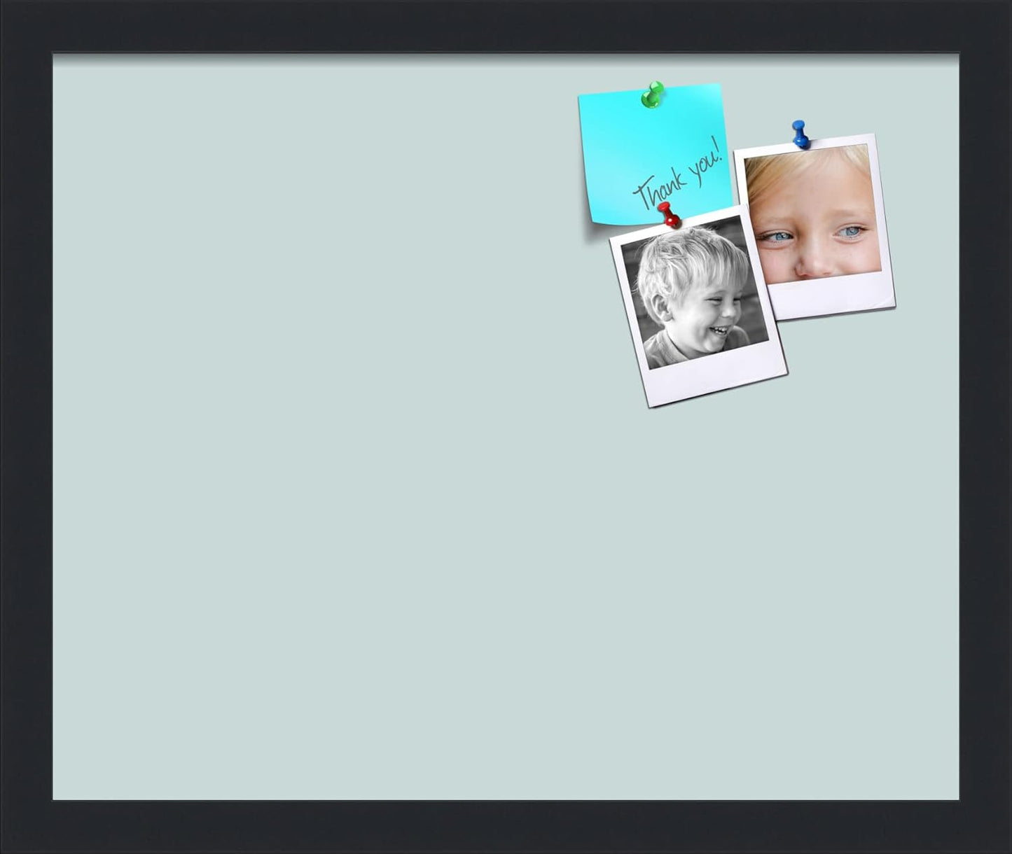 PinPix 17x14 Inch Cork Bulletin Board. This Decorative Framed Pin Board Comes with Soft Blue Design and a Satin Black Frame. Ideal for Home Office Decor or Message Board (PinPix-1814)