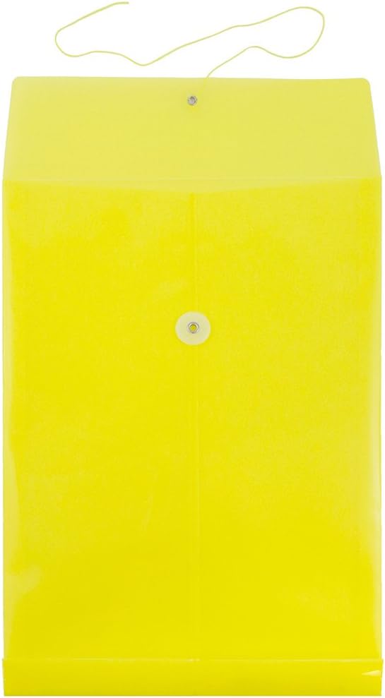 JAM PAPER Plastic Envelopes with Button & String Tie Closure - Legal Open End - 9 3/4 x 14 1/2 - Yellow - 12/Pack