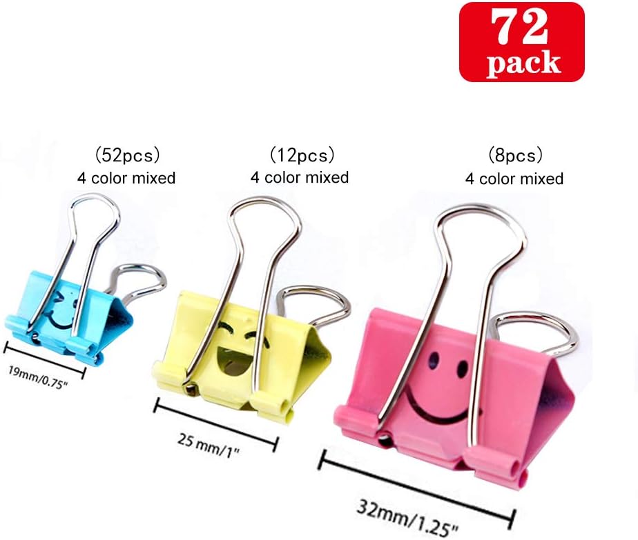 【72pack】 Binder Clips, Limque Paper Clips,Paper Clamps with Colored Cute Hollow Smiling Face,72 Pcs Assorted Size Clip, for Office,Teacher Gifts and Kitchen