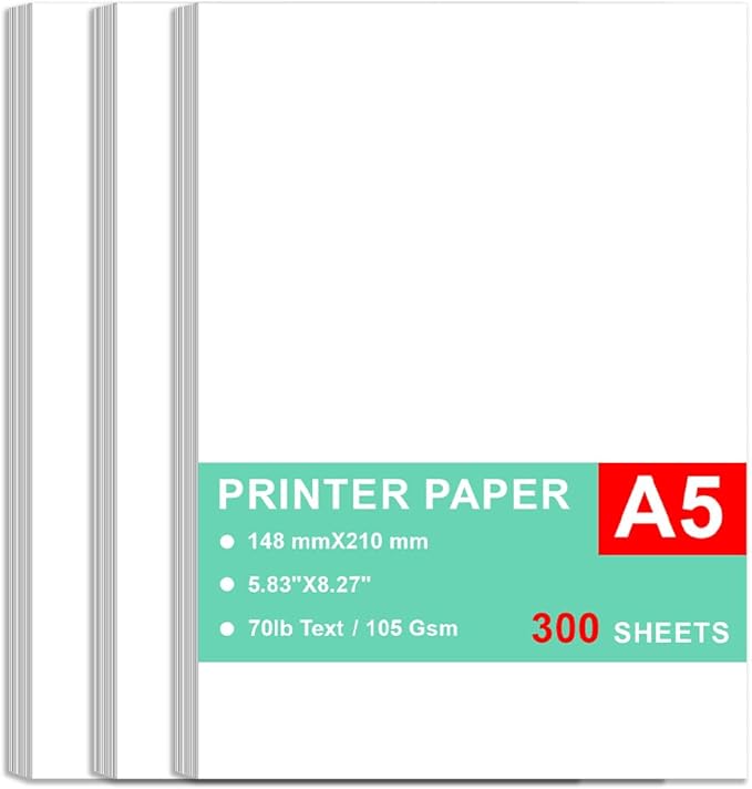 Printer Paper - 300 Sheets, A5 Premium Bright White Paper, 28lb Bond / 70lb Text (105 gsm) Bright White Paper – Great for Copy, Printing, Writing, 5.83" x 8.27" (148 x 210 mm)
