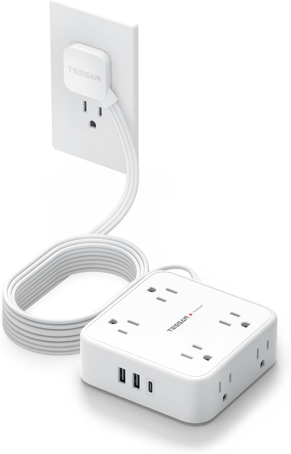 Extension Cord with Multiple Outlets, TESSAN 10 FT Surge Protector Power Strip Flat Plug, 8 AC Outlets, 900J 3 USB Ports (1 USB C), Desk Charging Station with Protection for Home, Office, Dorm Room