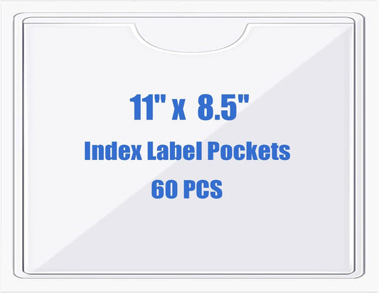 Origin-Joy 60 PCS Self Adhesive Index Card Pockets with Top Open, Clear Plastic Label Holder for Notes, Library and Business, Adhesive Label Pockets & Holder (11 x 8.5 inch)