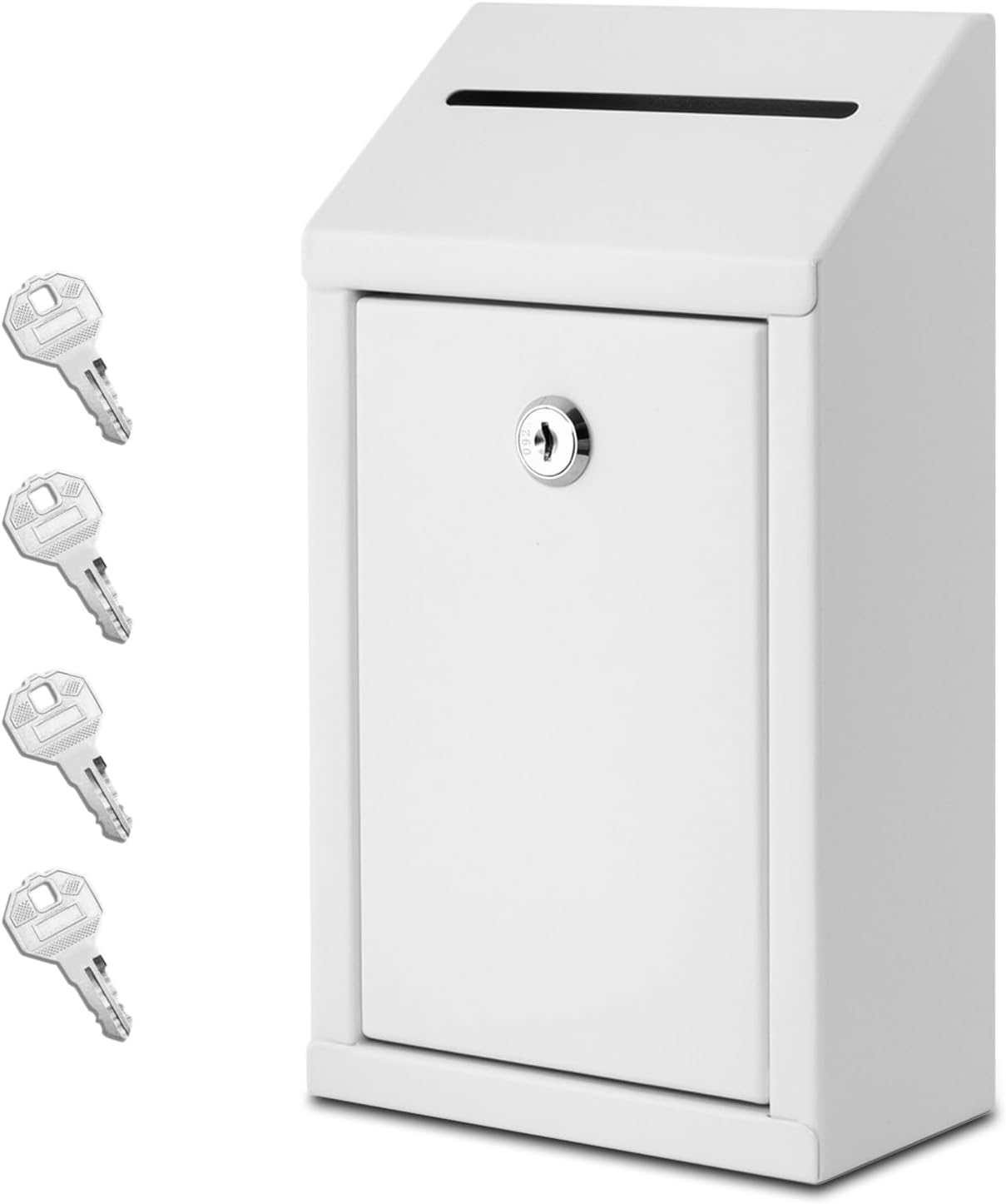 Metal Donation Box with Lock, Wall Mounted, Suggestion Box with 4 Iron Keys, White, Cash Drop Box with Slot, 1-Pack
