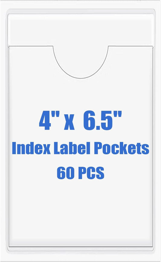 Origin-Joy 60 PCS Self Adhesive Index Card Pockets with Top Open, Clear Plastic Label Holder for Cards of Note, Library and Business, Adhesive Label Pockets & Card Holder (4 x 6.5 inch)