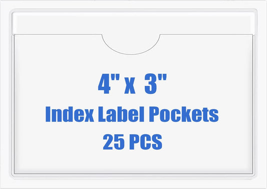 Origin-Joy 25 PCS Self-Adhesive Index Label Pockets, Clear Plastic Peel & Stick Card Holders with Top Open for Loading (4 x 3 inch)