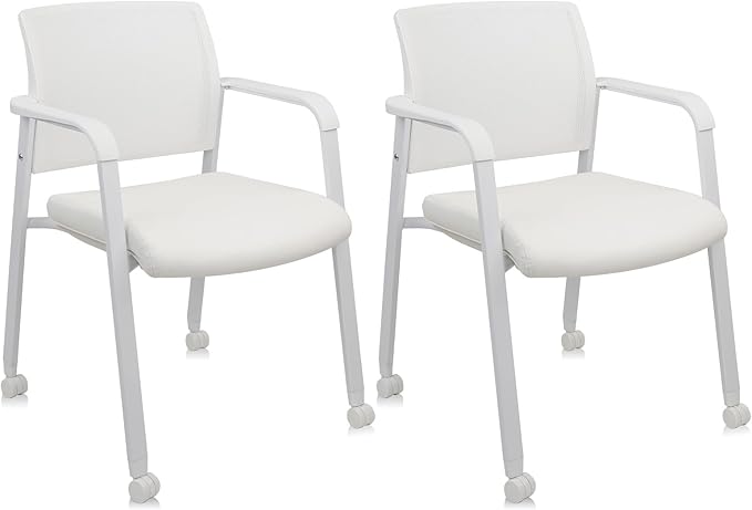 CLATINA Stacking Office Chairs | Mesh Back, Thicken Leather Seat and Arms, Ergonomic Lumber Support | Guest Reception, Waiting, Conference, School, Party, Customer, Side, Stationary | Set of 2, White