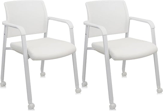 CLATINA Stacking Office Chairs | Mesh Back, Thicken Leather Seat and Arms, Ergonomic Lumber Support | Guest Reception, Waiting, Conference, School, Party, Customer, Side, Stationary | Set of 2, White