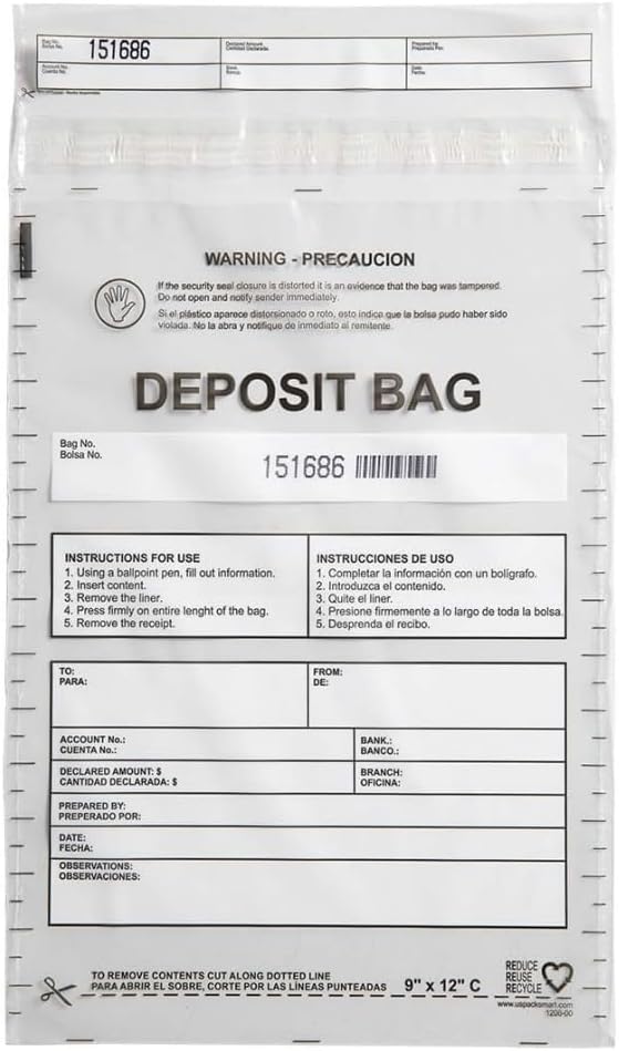 Opaque Plastic Deposit Bags 9"x12" | Secure Bank Deposits, Cash Handling or Safe Currency Transportation | Sequential Barcodes | Tamper-Evident | Tear-Off Receipt for Security | 100-Pack