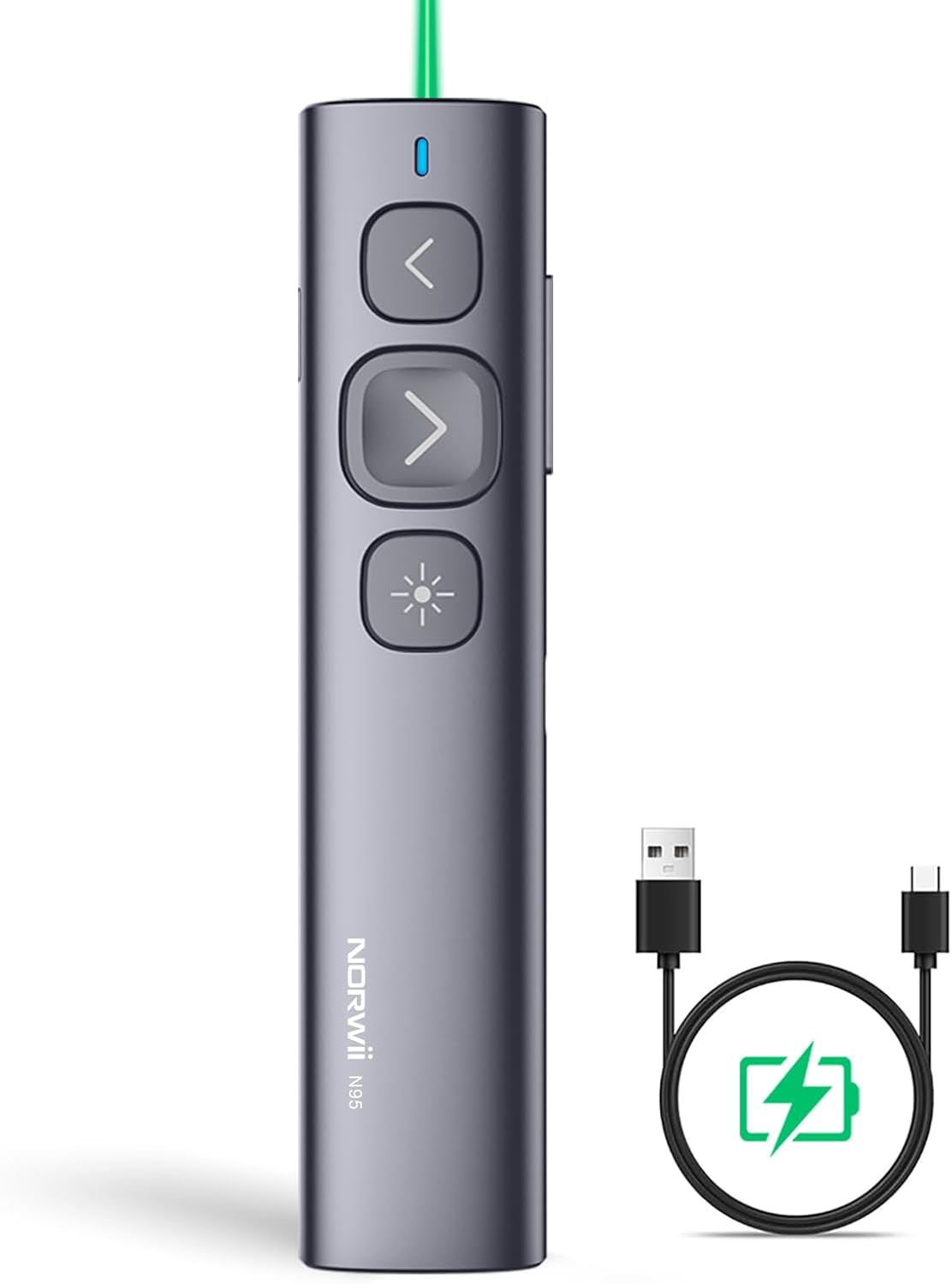 Norwii N95 Presentation Clicker, PowerPoint Clicker for Presentation Remote, Rechargeable Wireless Presenter Pointer, Slide Advancer for PC/Laptop/e-Book in Classroom, Auditorium, Church (Green,USB-A)