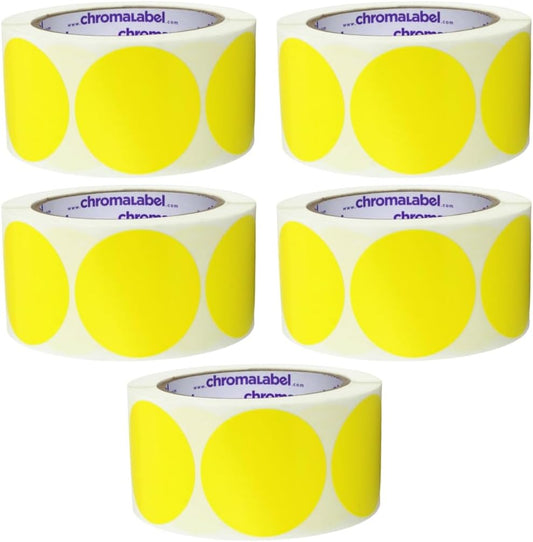 ChromaLabel 2 Inch Round Label Stickers, Permanent Yellow Dots for Color Coding, Large Yellow Stickers for Office and School Projects - 500 Dot Labels per Roll, Coding Sticker - Case of 5