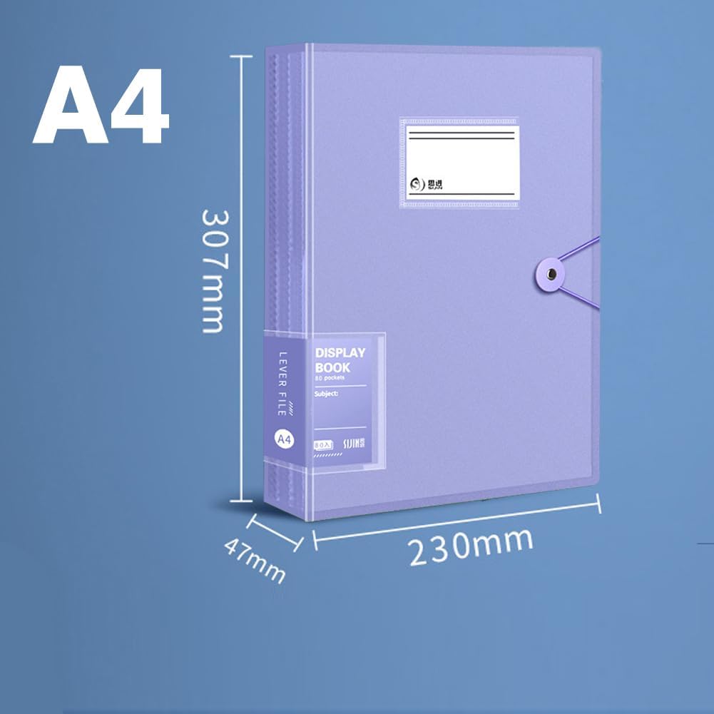 A4 80 Pockets 160/Sides Display Book Paper Document Holder, Business Presentation Book Presentation Folder (80 Pockets Transparent Purple)