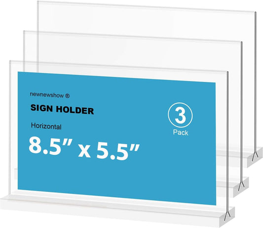 newnewshow Acrylic Sign Holder 8.5x5.5 Inch 3 Pack Horizontal T Shape Double-Sided Desktop Display Holder. (Optional 8.5x11 8.5x5.5 5x7 Horizontal and Vertical)