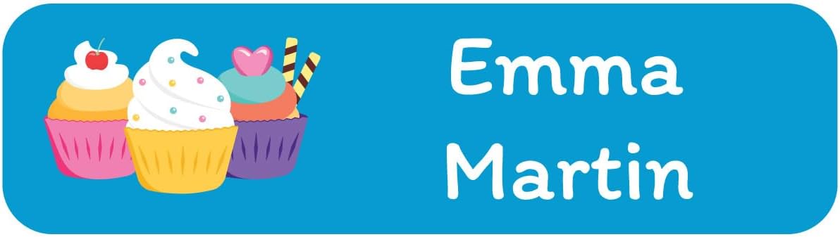 Name Bubbles - Custom Small Rectangle Name Labels for Kids (64 Labels) - Personalized Waterproof Name Stickers for Daycare, Lunch Boxes, Water Bottles, Shoes, School Supplies, & Camp (Cupcakes)