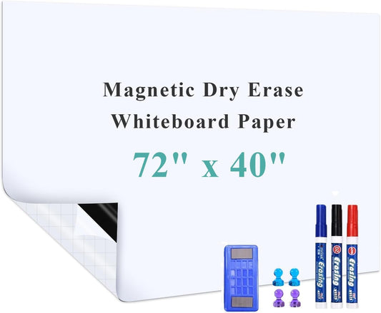 Magnetic Dry Erase Whiteboard Sheet, 72" x 40" Self Adhesive Whiteboard for Wall, Easy to Write and Clean Dry Erase Board for Kids, Office, Home, with Marker, Magnetic Eraser and Magnets