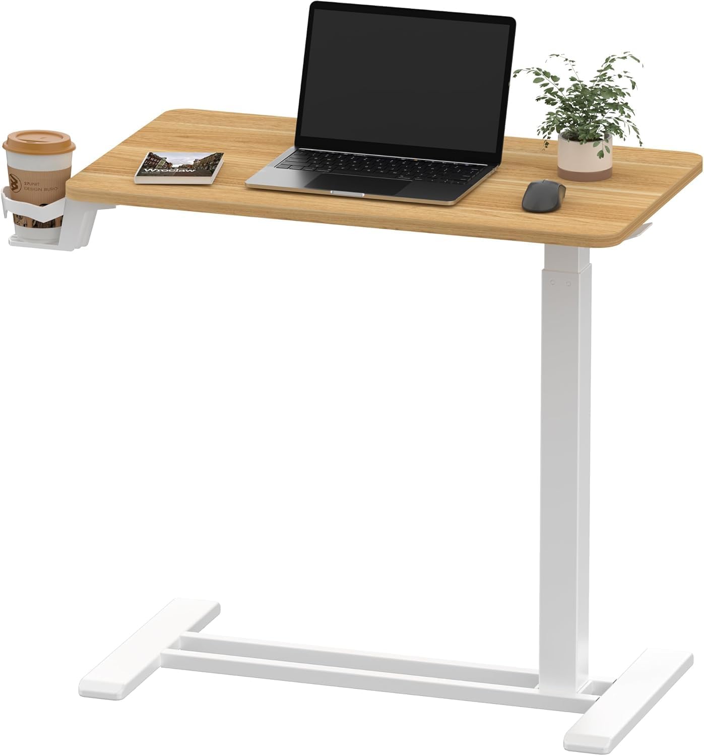 SANODESK Mobile Standing Desk with Hidden Wheels,Pneumatic Laptop Desk Rolling Computer Cart Movable Height Adjustable Small Sit Stand Desk for Home Office(27.6" W x 15.7" D,Maple)