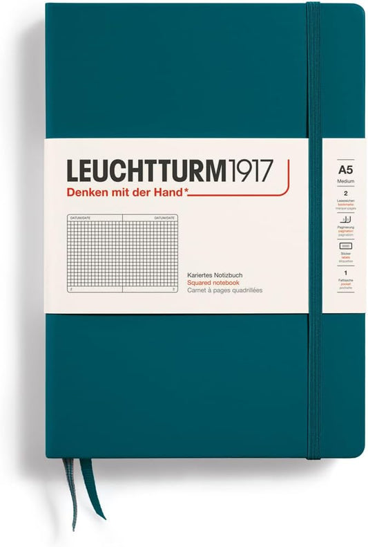 LEUCHTTURM1917 - Notebook Hardcover Medium A5-251 Numbered Pages for Writing and Journaling (Pacific Green, Squared)