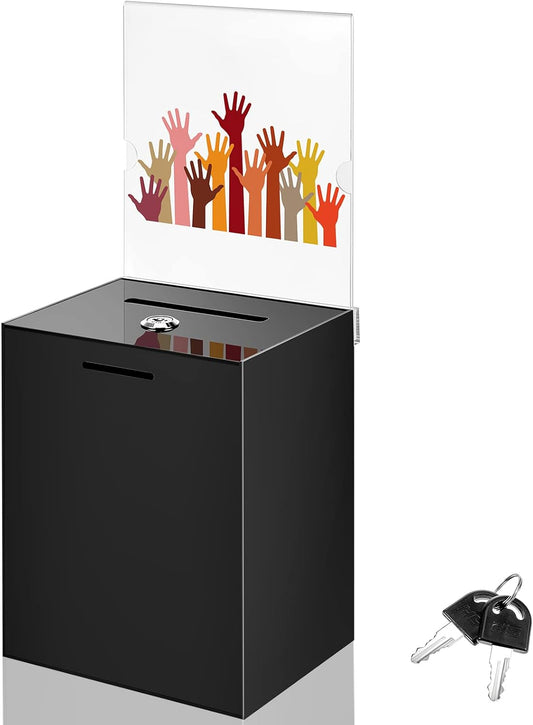 Marsui Acrylic Suggestion Box Large Donation Box 16 x 6.7 x 5 Inch Safe Ballot with Lock and Sign Holder for Voting Charity Business Cards Collection Display Ticket Comment(Black)