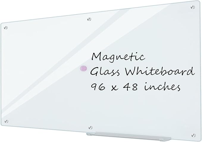 Glass Whiteboard 8'x 4', Magnetic Dry Erase Board, 96" x 48" Large Framless Glass White Board for Wall Office School Home