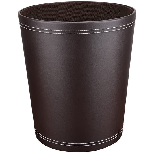 Pu Leather Trash Can for Bedroom, 2.6 Gallon Wastebasket for Office, Small Bathroom Garbage Cans for Home Decorative, Round Waste Basket Bin for Dorm Kitchen Brown
