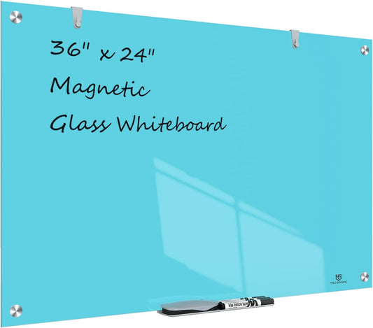 TSJ OFFICE Glass Dry-Erase Board - 36 x 24 Inches Wall Mounted Magnetic Whiteboard, Large Frameless Glass White Board for Office, Home & School, Blue