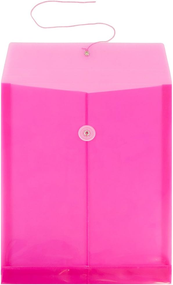 JAM PAPER Plastic Envelopes with Button & String Tie Closure - Letter Open End - 9 3/4 x 11 3/4 - Fuchsia - 12/Pack