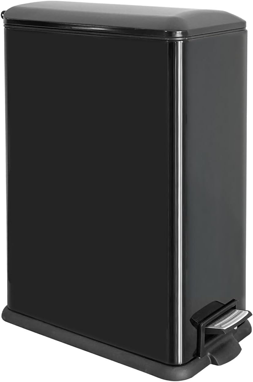 Kitchen Rubbish Bin, 45 Litre Waste Bin, Large Pedal Bin, Kitchen Rubbish Bin with Softclose Lid and Inner Bin, Slim Pedal Bin for Kitchen, Bathroom and Office, Black