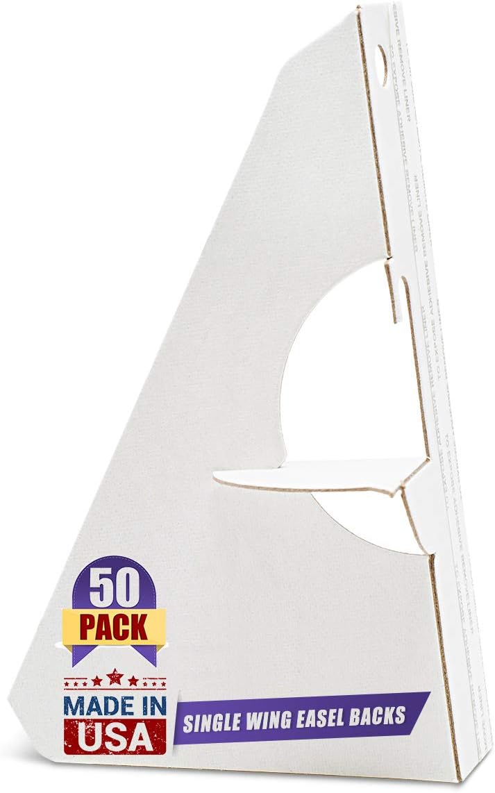 Golden State Art, 5 Inch Self Stick Easel Back, Cardboard Stand, Single Wing, Archival Quality, Display Posters Pictures Brochures, Easy and Fast Application (Pack of 50) White, Made in USA