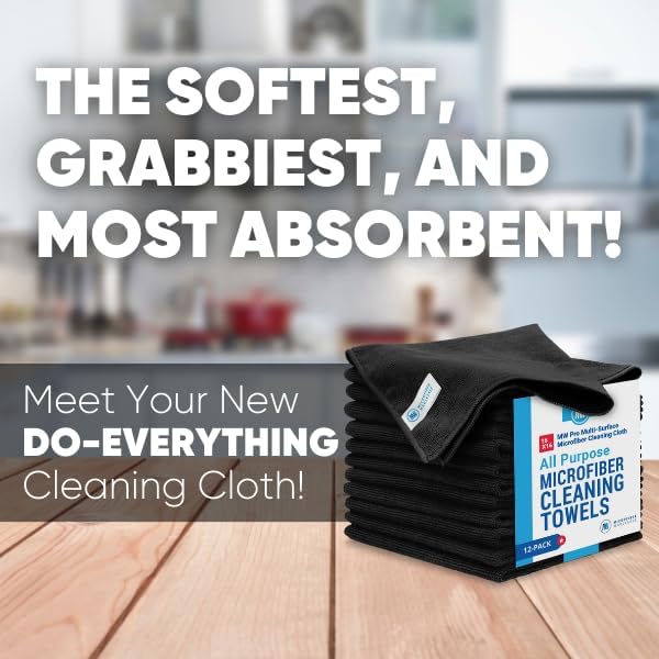 MW Pro Multi-Surface Microfiber Towel – 12 Pack | Premium Cleaning Cloth | Clean, Dust, Polish, Absorb | Large 16"x16" (Black)