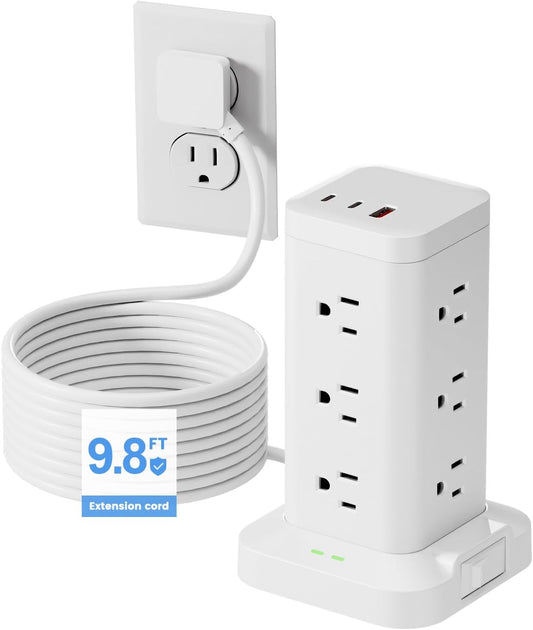 15-in-1 Power Strip Tower with Surge Protector 1800J, Fast Charging Tower PD20W USB-C Ports with 12 AC Outlets, 9.8ft Extension Cord for Home Office Dorm Room, White