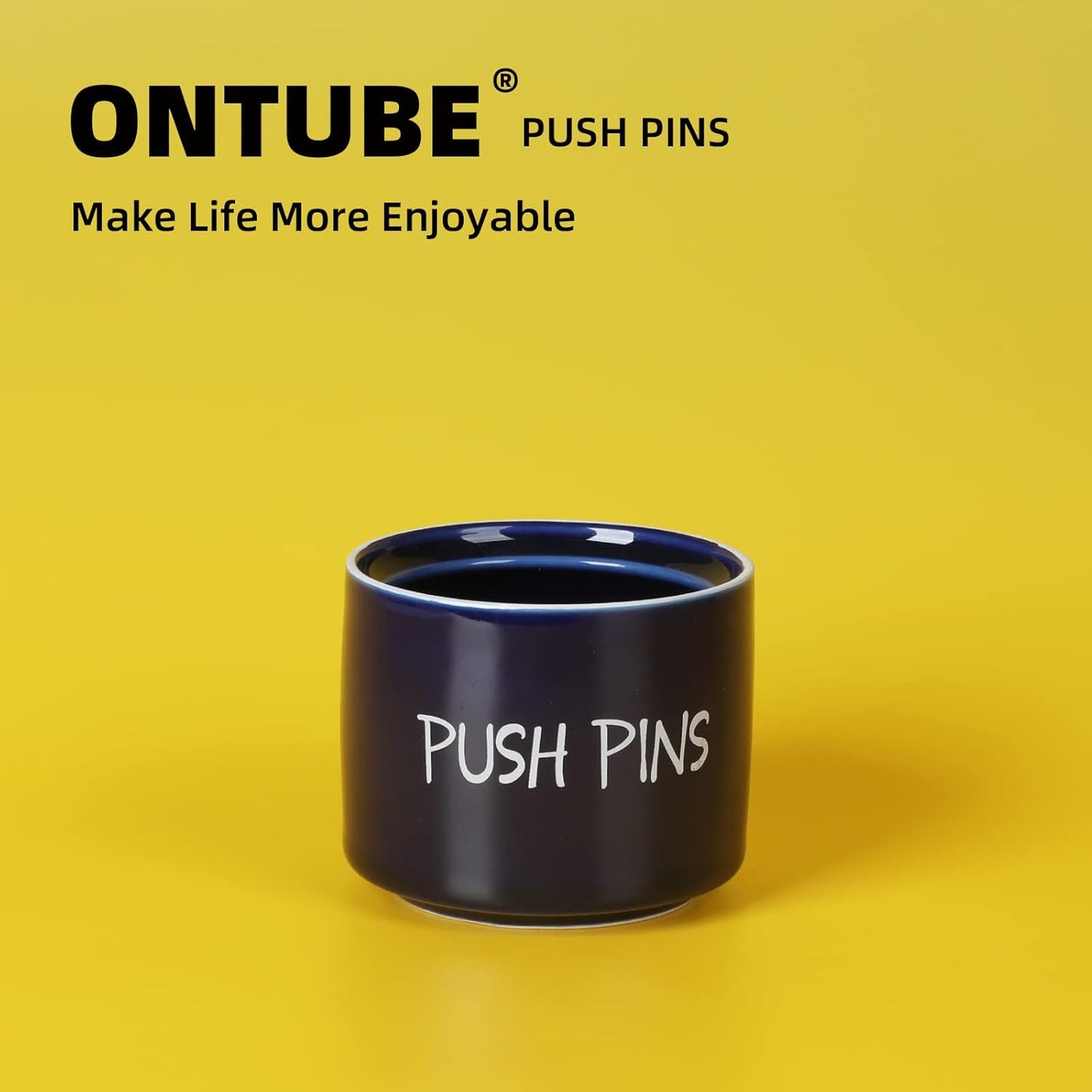 Ceramic Push Pins Holder, Paper Clips Dispenser Organizer for Desk and Binder Clips Holders Container for Office School Home Supplies 3.4Inch, Navy