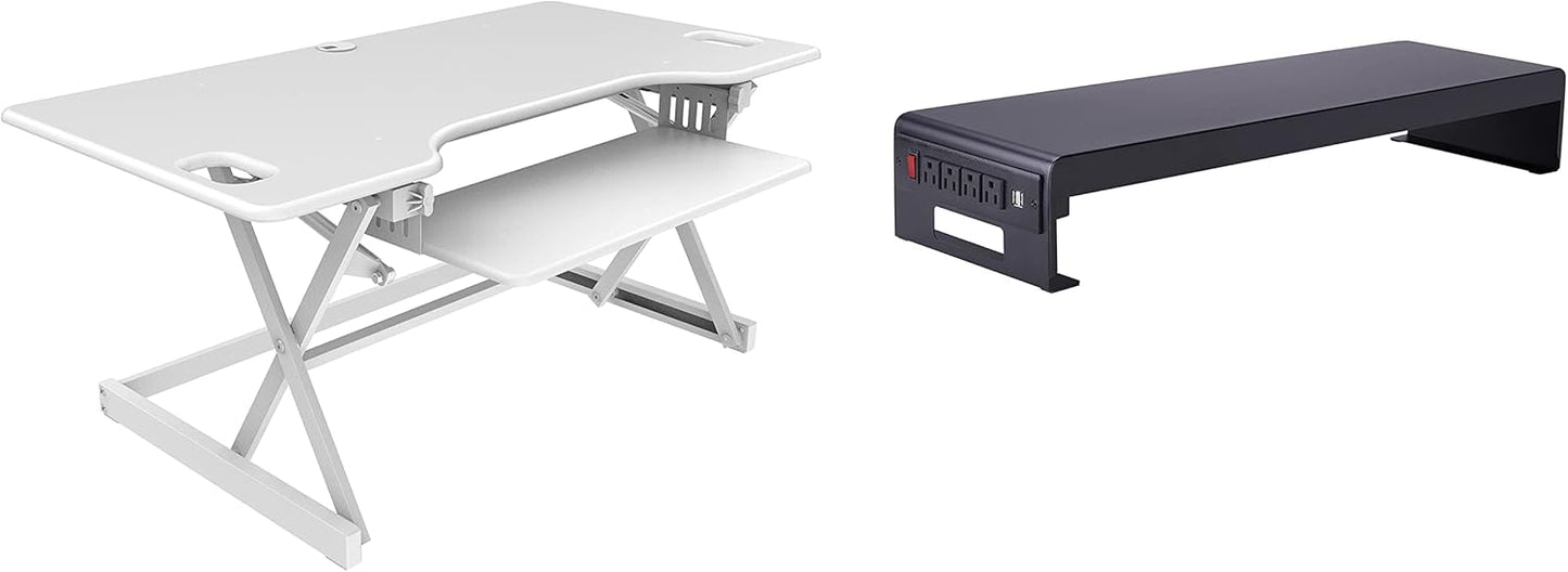 Rocelco 46" Large Height Adjustable Standing Desk Converter with Double Monitor Mount Stand BUNDLE - Quick Sit Stand Up Computer Workstation Riser - Retractable Keyboard Tray - White (R DADRW-46-DMS)