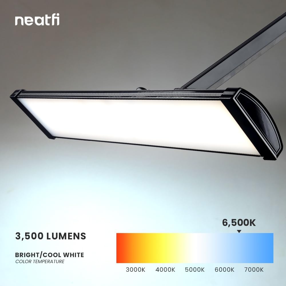 Neatfi Ultra 3,500 Lumen LED Desk Lamp, 45W, 26-Inch Wide Metal Shade, 270 SMD LEDs (Non-CCT with Clamp, Black)