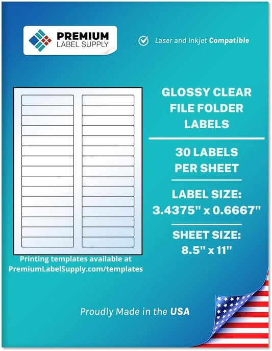 Premium Label Supply Glossy Clear File Folder Labels – 3.4375" x 0.6667" – Laser/Inkjet Compatible – (30 per Sheet), 100 Sheets – 3,000 Total Adhesive Labels