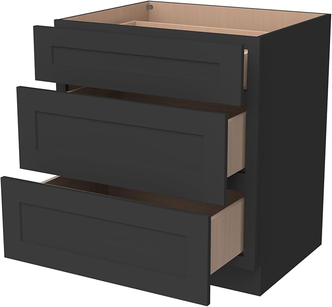 Shaker Style Charcoal Black RTA Solid Wood Base Cabinet with 3 Drawers and Soft Close Feature, 27" W x 24" D x 34.5" H, Perfect for Standalone Use or Kitchen Cabinet Combinations